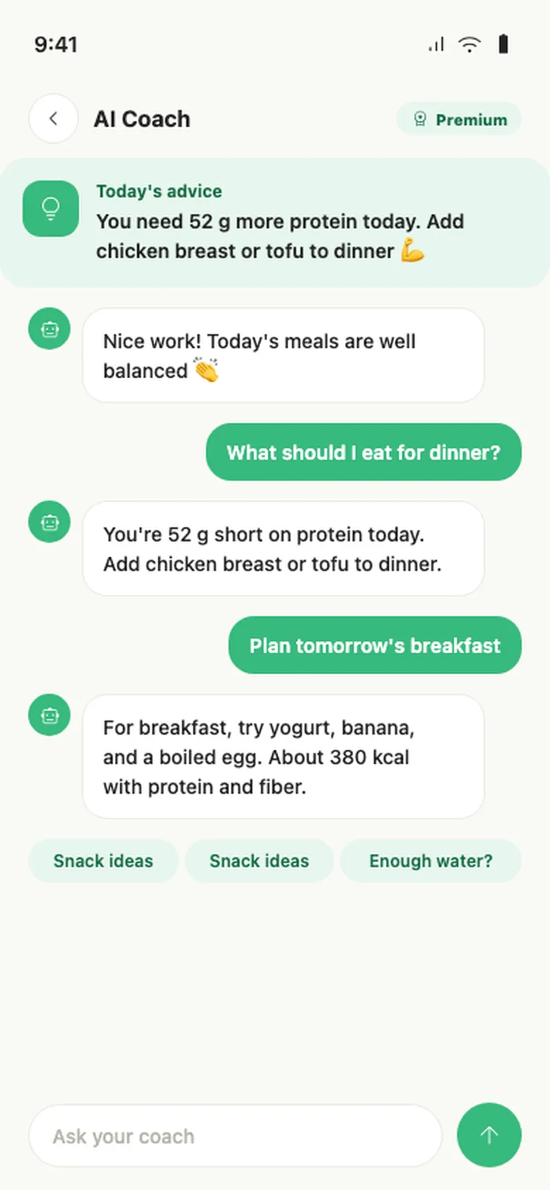 Nourely AI coach screen for discussing meals and meal ideas