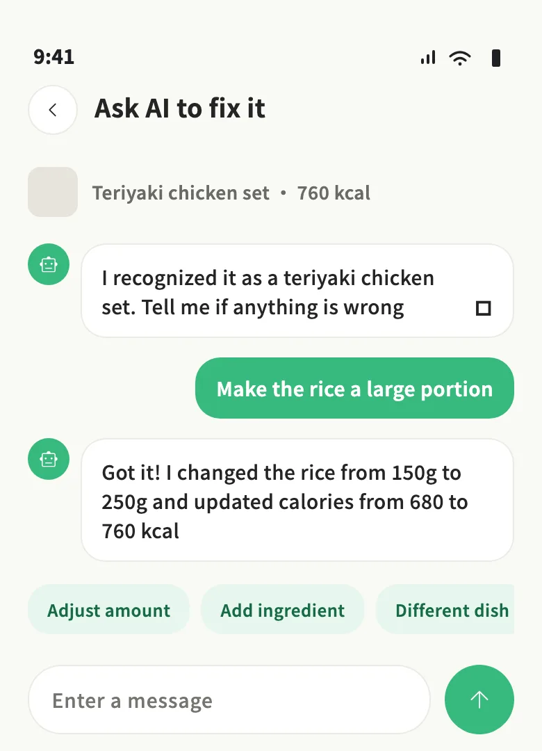 Nourely AI correction screen showing an updated portion and recalculated calories