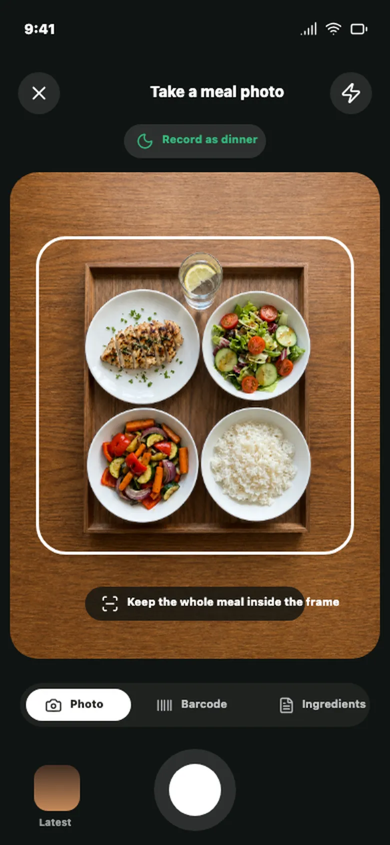 Nourely meal camera showing the full meal in frame