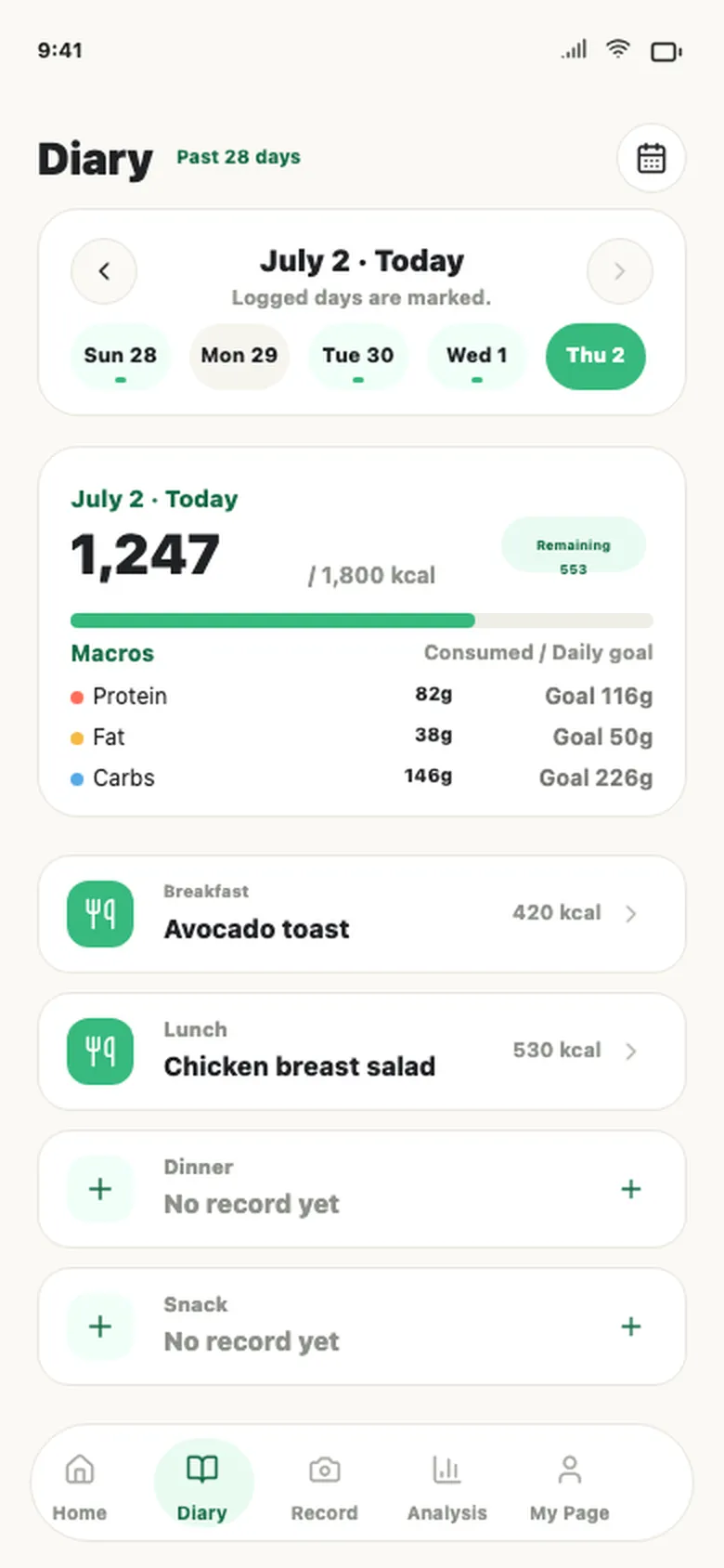 Nourely daily log showing meals, calories, and macros