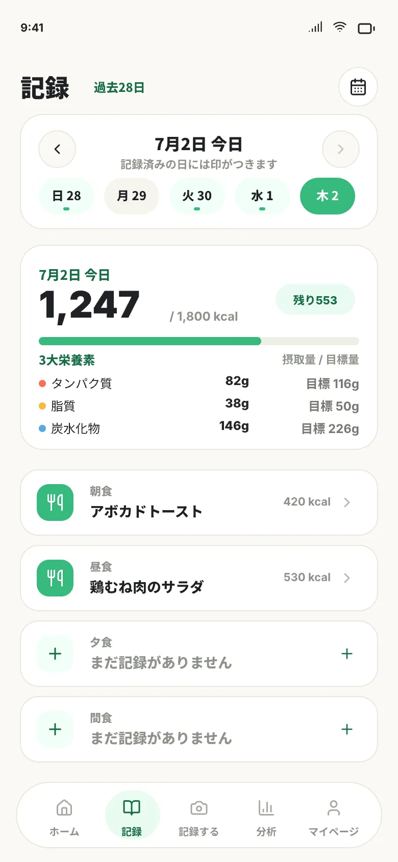 1日の食事、カロリー、PFCと目標までの残りを一覧表示するNourelyの画面