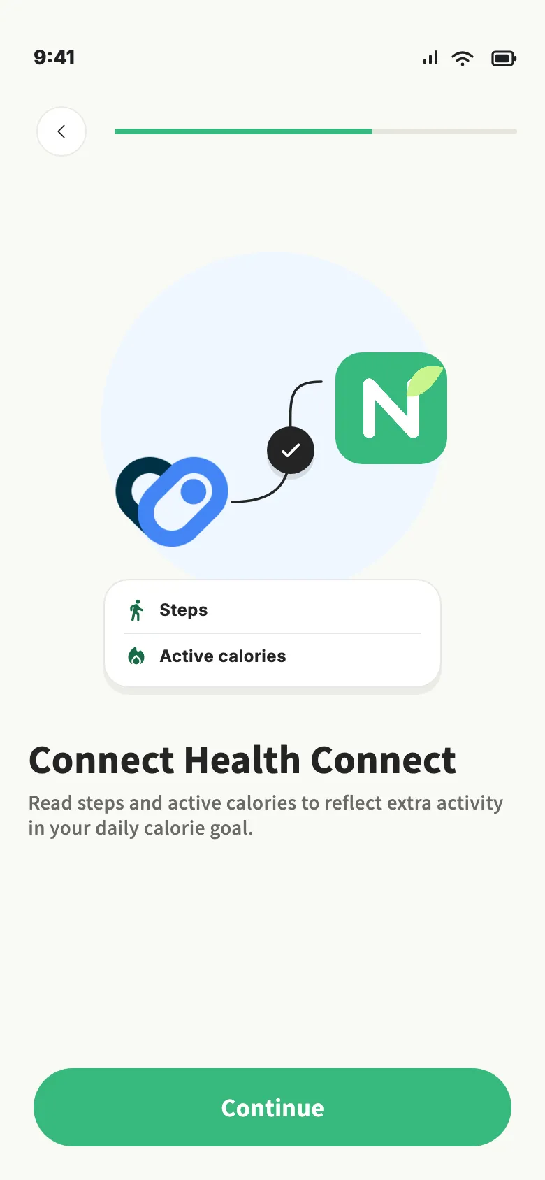 Nourely on Android connecting steps and active calories from Health Connect