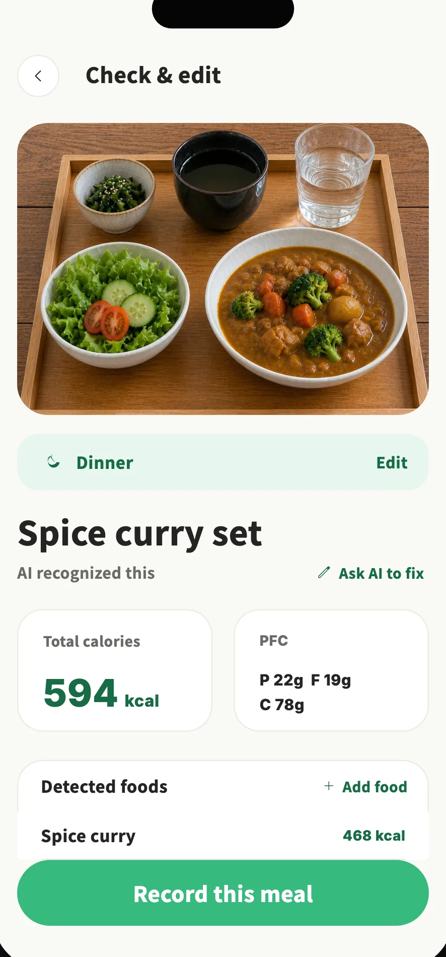 Nourely review screen showing foods, calories, macros, AI corrections, and the save action
