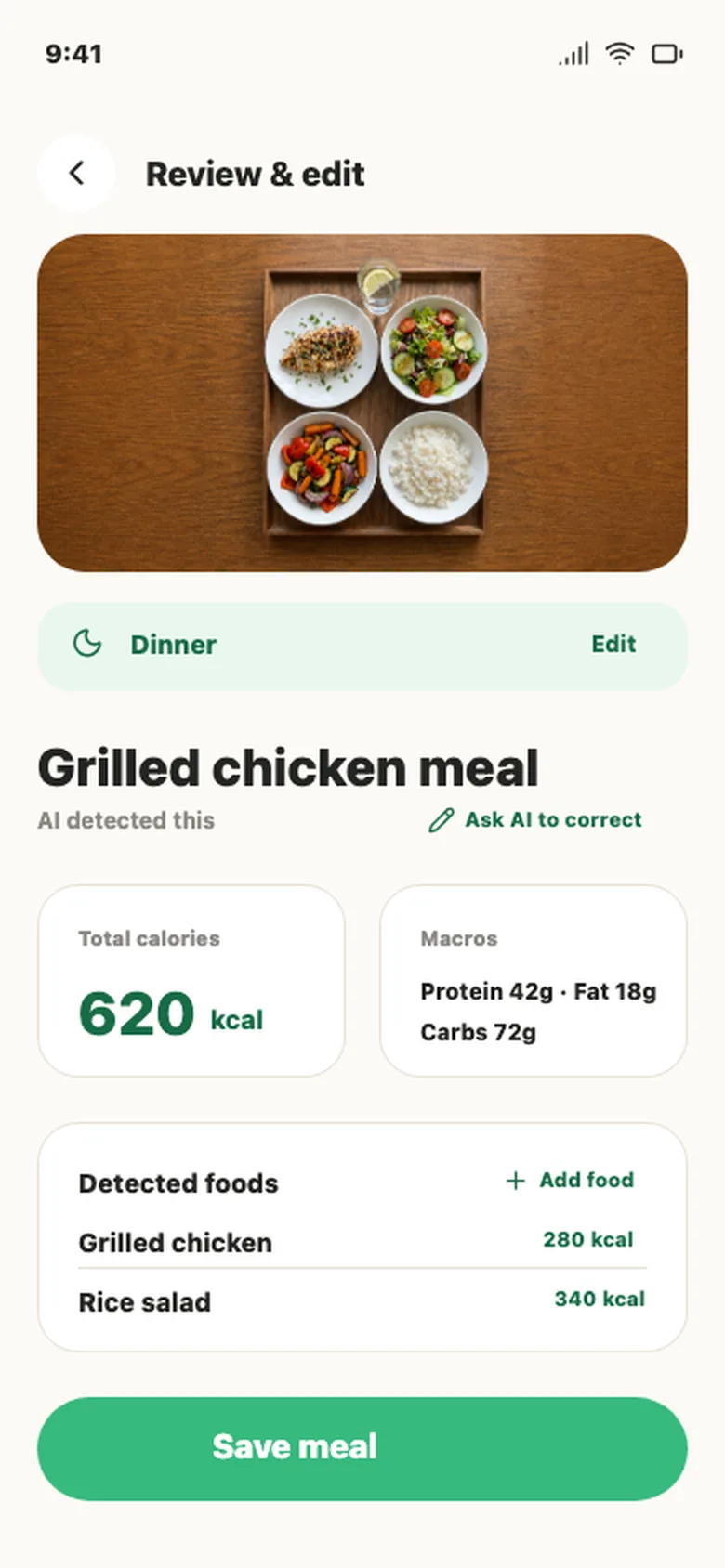 Nourely review screen showing AI-estimated foods, calories, and macros